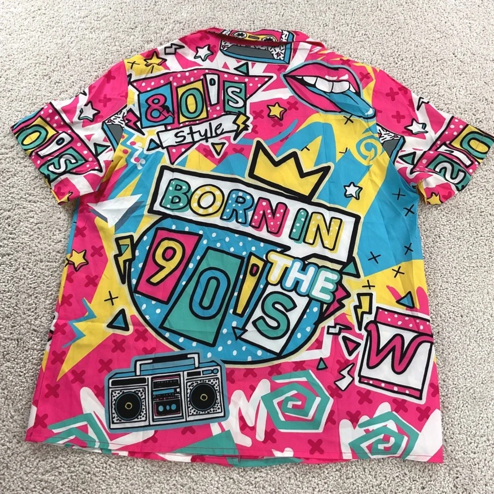 Born in the 90s Retro Graphic Shirt Mens Medium 80s Style Boombox Pink Multi MED